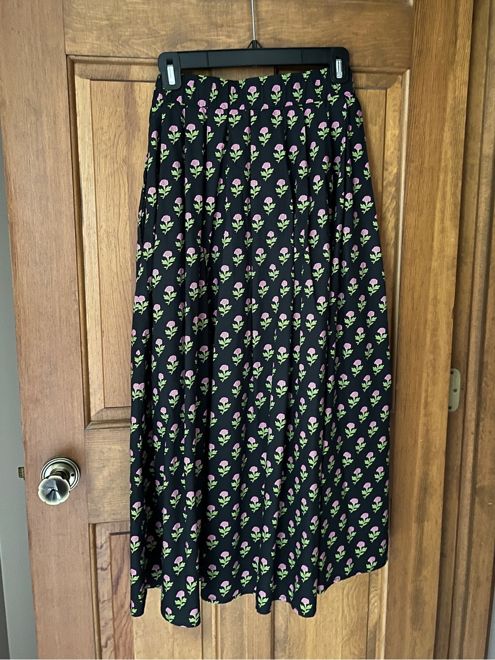 entro Black Maxi Skirt with Pink Floral & Green Leaves